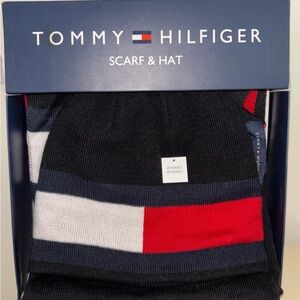 Tommy Hilfiger Black, Red, and White Scarf & Hat Set